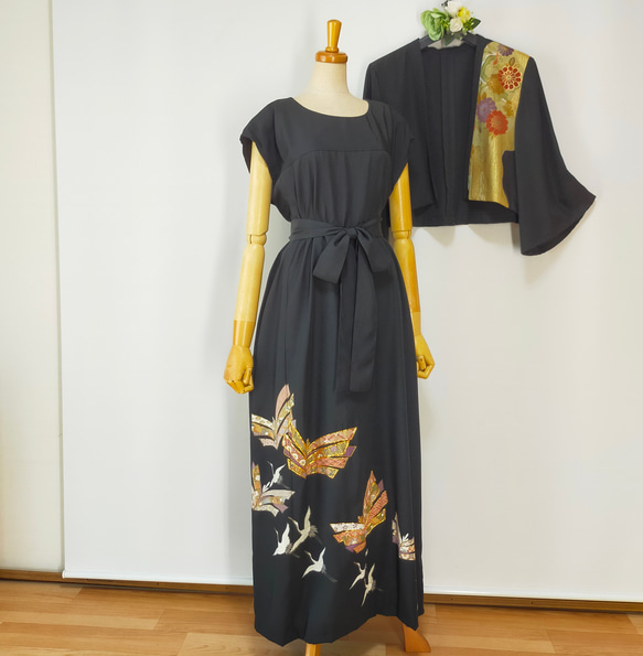 ★黒留袖アンサンブル*フレンチワンピ+ボレロ*着物リメイク正絹作家*2L〜3L㉚ 黒留袖アンサンブル*フレンチワンピース+ボレロ*着物リメイク