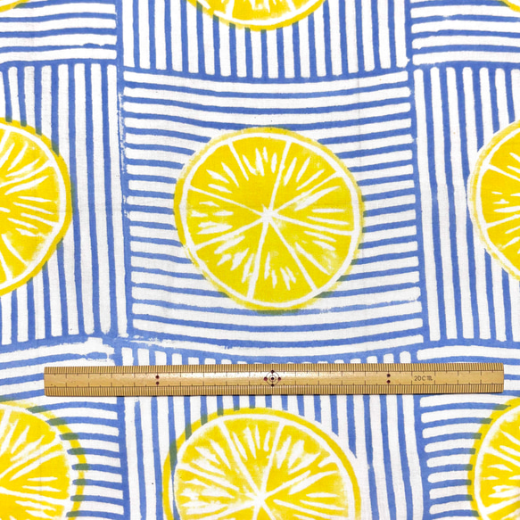 【50cm単位】ホワイトブルーレモン　インド　ハンドブロックプリント生地  コットン 6枚目の画像
