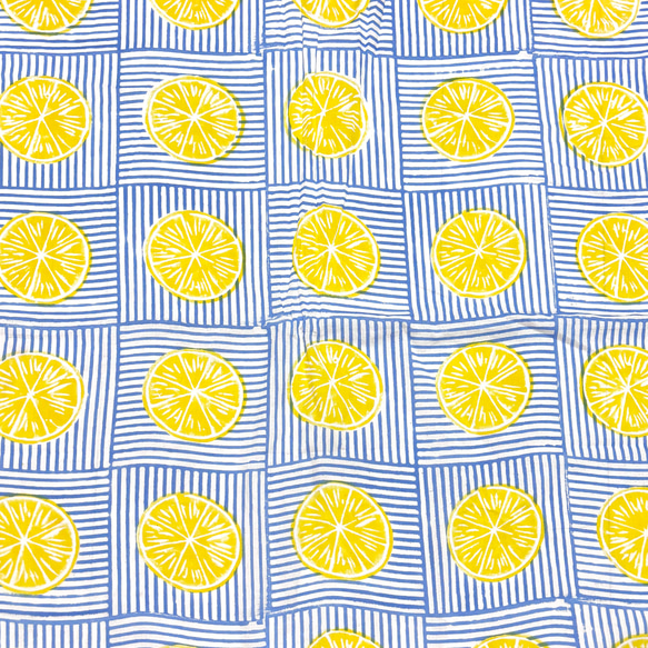 【50cm単位】ホワイトブルーレモン　インド　ハンドブロックプリント生地  コットン 4枚目の画像