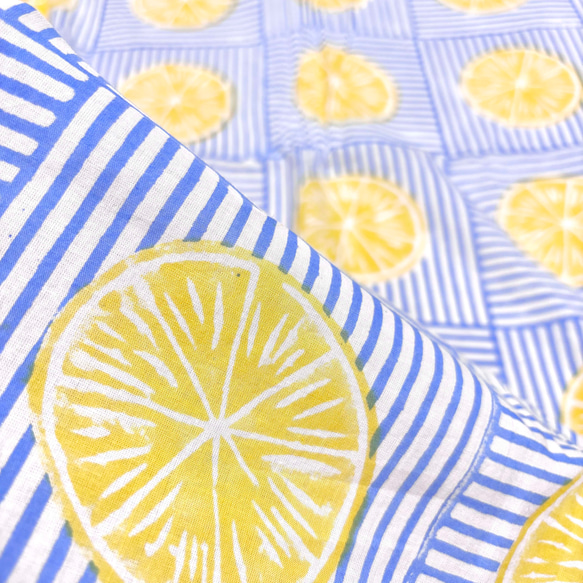 【50cm単位】ホワイトブルーレモン　インド　ハンドブロックプリント生地  コットン 5枚目の画像