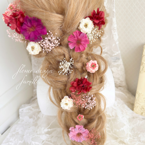 秋色 ✧ くすみレッド × モーヴ × リボン 髪飾り ｜ 編みおろしヘア