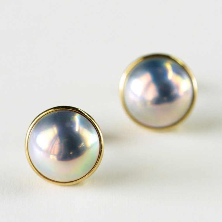 【Lumina】11-12mmの希少な天然ブルーグレーマベ真珠イヤリング、18Kゴールドデザイン、クラシックでエレガント、パーテ