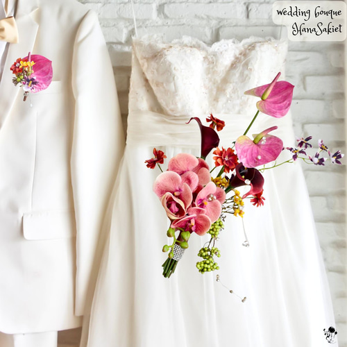 ウェディングブーケ 胡蝶蘭 アンス カラー キラキラ スリム 上質 人気