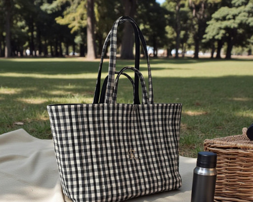ギンガムチェック トートバッグ ヌビ イニシャル 刺繍 マザーズバッグ