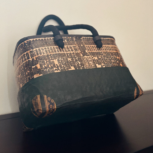 番付表かごバッグ ヴィンテージ風呂敷 モスグリーン 一閑張り・一貫