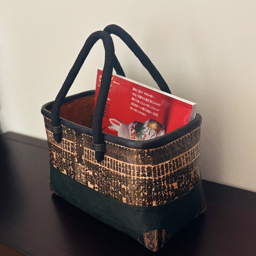 番付表かごバッグ ヴィンテージ風呂敷 モスグリーン 一閑張り・一貫