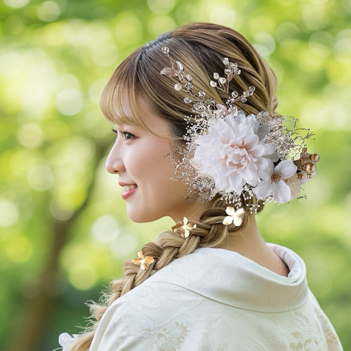 煌めきダリアとゴールドの髪飾り 結婚式 成人式 花嫁 和装 振袖 卒業式