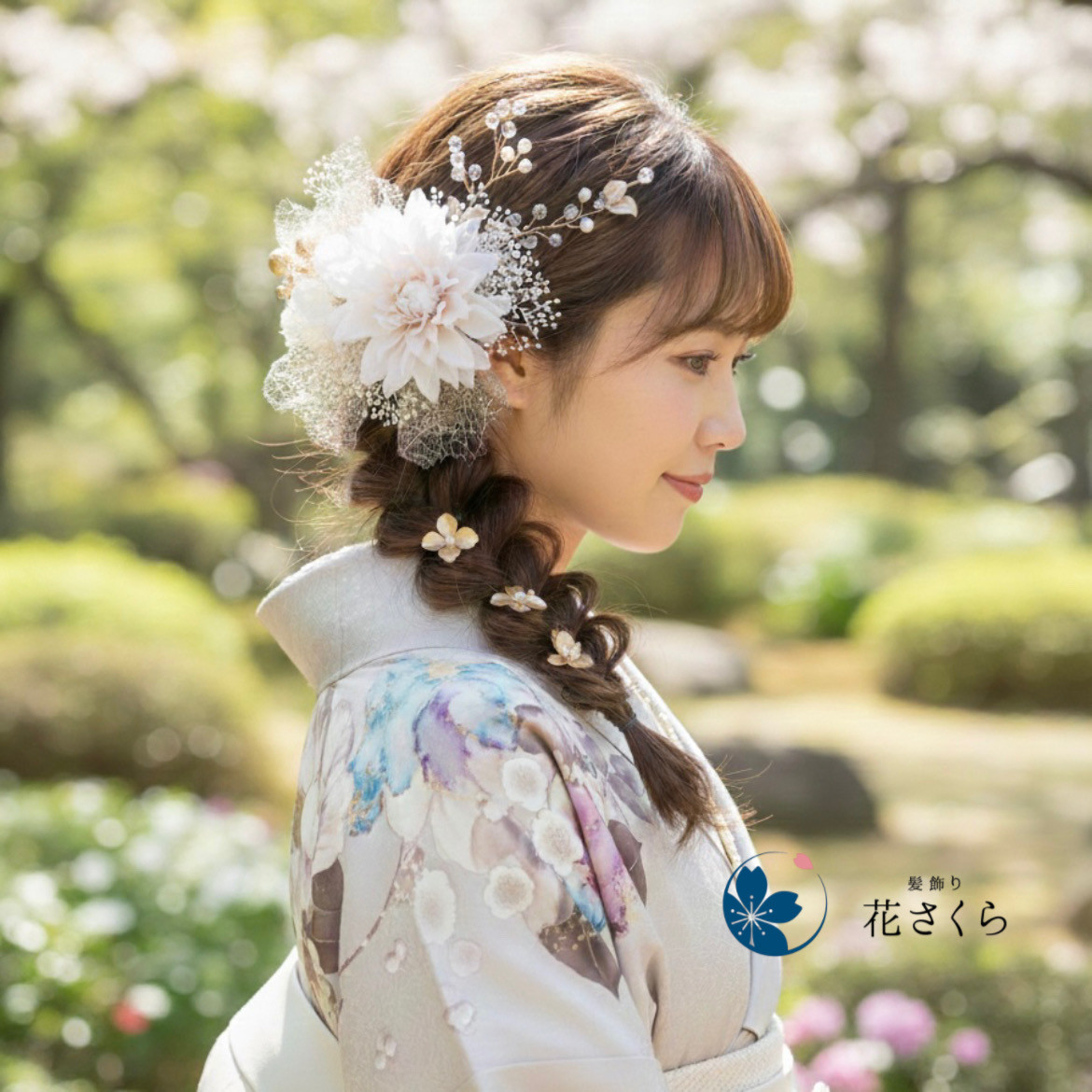 煌めきダリアとゴールドの髪飾り　結婚式　成人式　花嫁　和装　振袖　卒業式　白無垢　色打掛　前撮り　花嫁　　白　編み下ろし