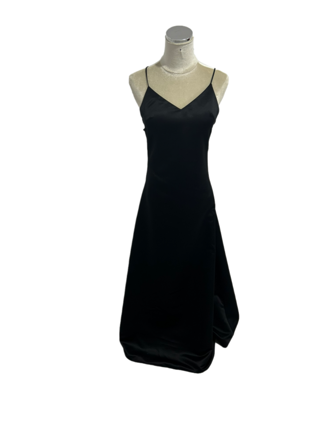 パーティードレス キャミソール ミニマリズム 背中見せ ブラック 光沢サテン 床付く 前撮り