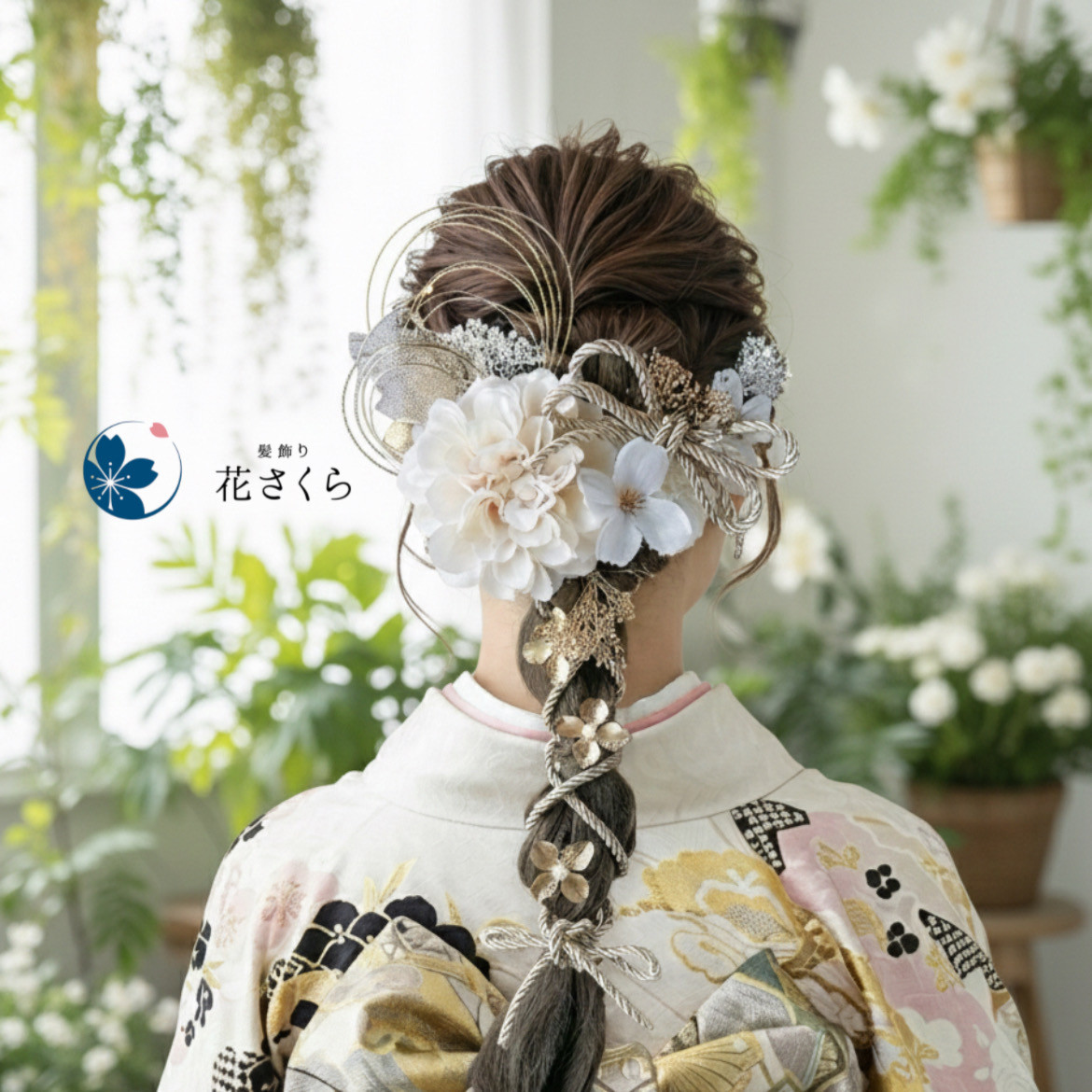 上品ダリアとメタルフラワーの髪飾り　結婚式　成人式　花嫁　和装　振袖　卒業式　白無垢　色打掛　前撮り　花嫁　白　金