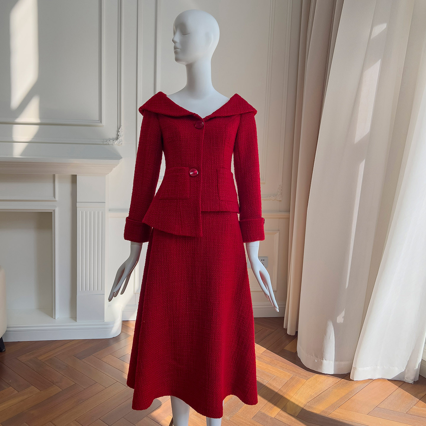 ツイードスーツドレス 秋冬 赤上下セット ウェディングドレス パーティー 通勤 ジャケット 韓国風 二次会 91610
