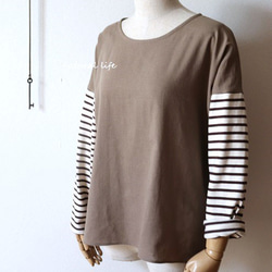 秋限定♥ボーダーニット袖×ハーフリネンのプルオーバー（モカベージュ） 8枚目の画像