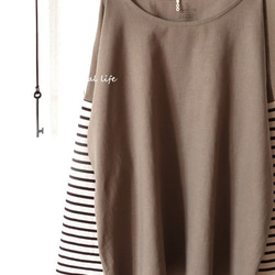 秋限定♥ボーダーニット袖×ハーフリネンのプルオーバー（モカベージュ） 5枚目の画像