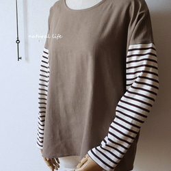 秋限定♥ボーダーニット袖×ハーフリネンのプルオーバー（モカベージュ） 7枚目の画像