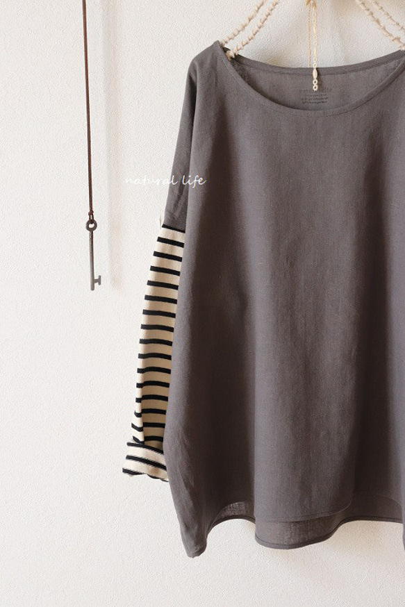 秋限定♥ボーダーニット袖×ハーフリネンのプルオーバー（グレー） 3枚目の画像