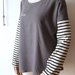 秋限定♥ボーダーニット袖×ハーフリネンのプルオーバー（グレー） 6枚目の画像