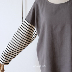 秋限定♥ボーダーニット袖×ハーフリネンのプルオーバー（グレー） 7枚目の画像