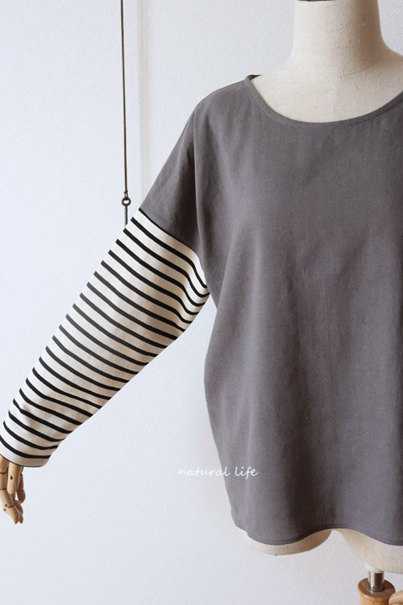 秋限定♥ボーダーニット袖×ハーフリネンのプルオーバー（グレー） 7枚目の画像