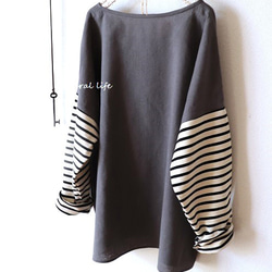 秋限定♥ボーダーニット袖×ハーフリネンのプルオーバー（グレー） 4枚目の画像