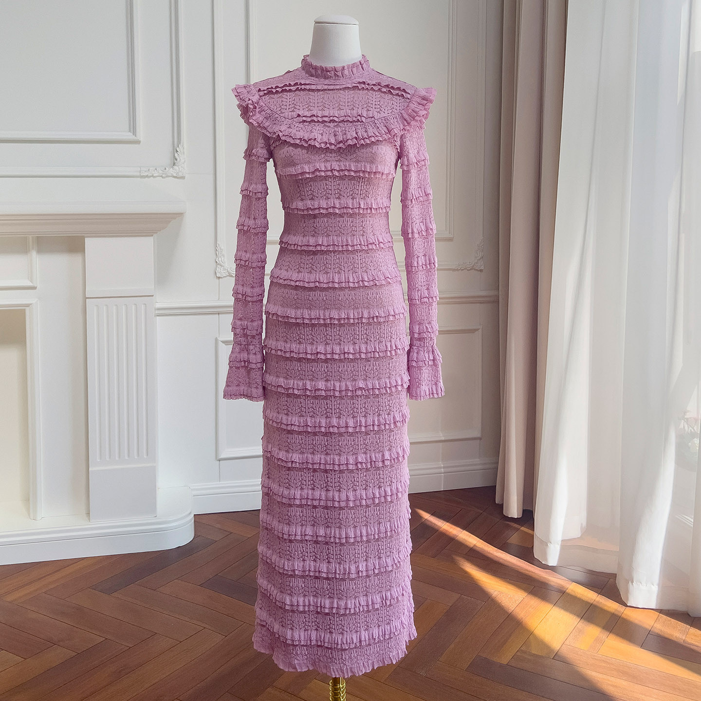 レースワンピース 弾性 ウェディングドレス パーティー 長袖 紫 ロング スリム 韓国風 お呼ばれ 二次会 69419