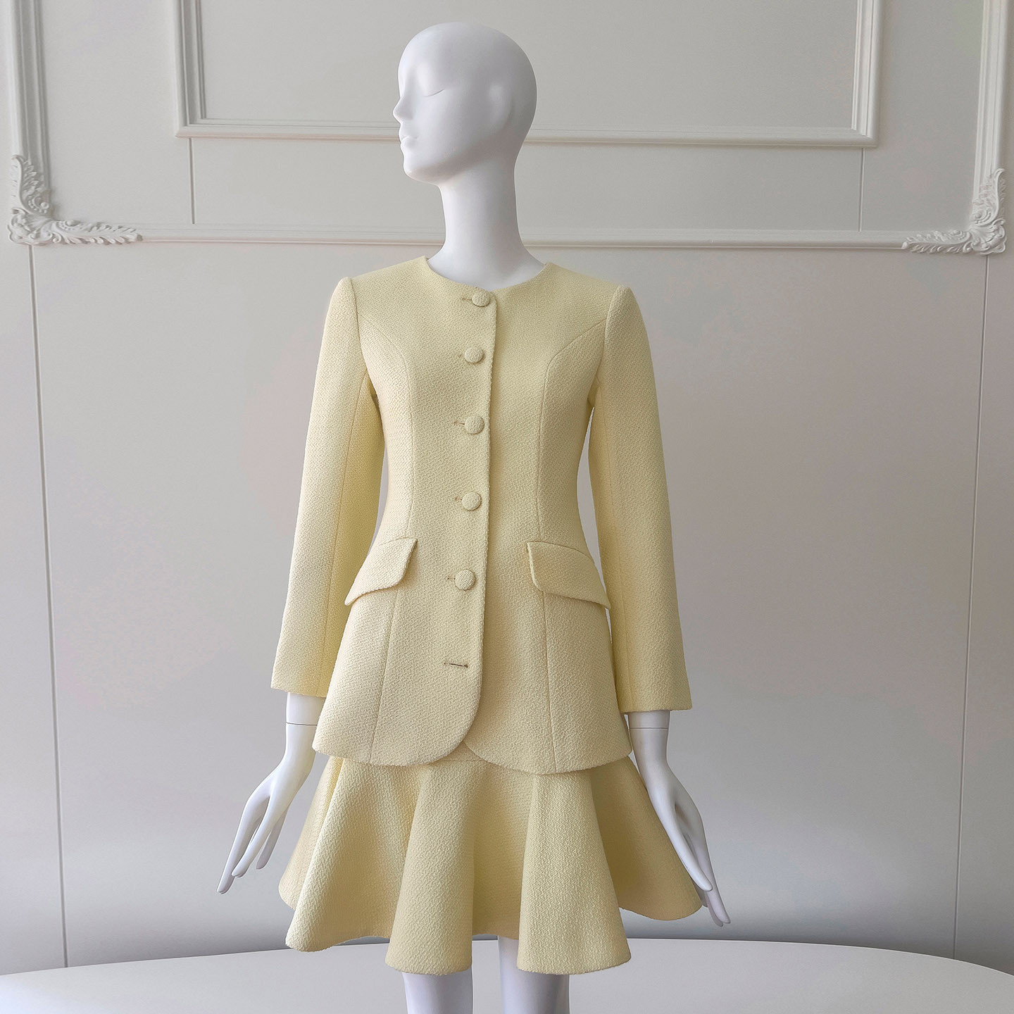 ツイードスーツドレス 秋冬 上下セット ウェディングドレス パーティー通勤 黄色 ジャケット 韓国風 二次会 91609