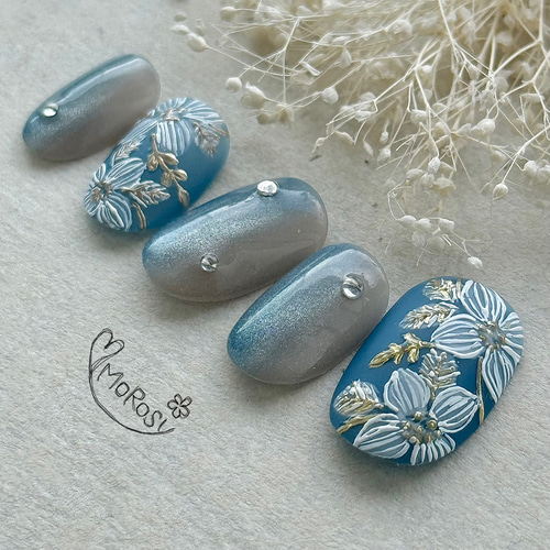 MOROSY255☆刺繍 刺繍ネイル 縦グラデ 秋 冬 マグネット 上品 大人