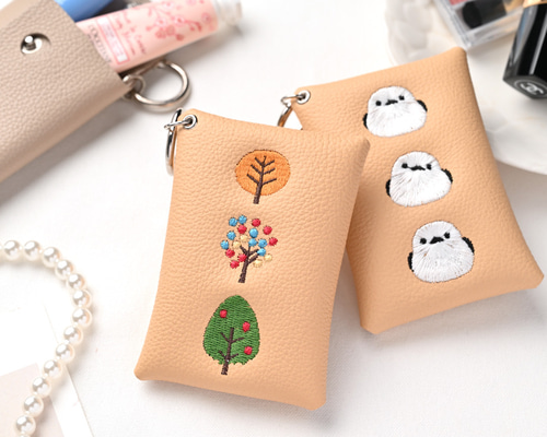 マルチポーチ 【 シュリンクレザー 刺繍 】 カード収納 小物入れ