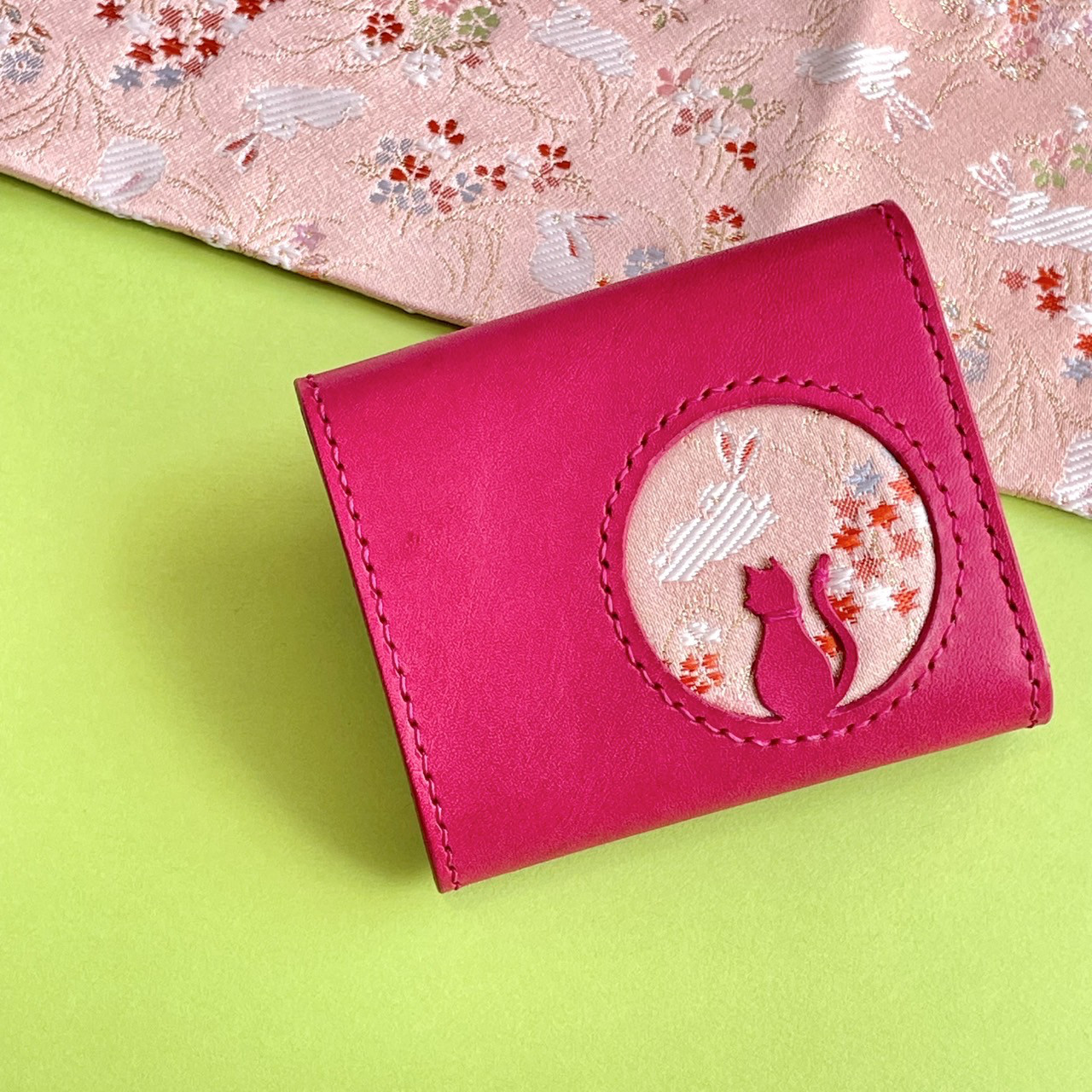 秋色レザーと西陣織のお財布　【猫日和　秋草と兎】