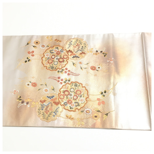 正絹 袋帯 雪輪 花紋 シルバー 薄手 二部式 二重太鼓 作り帯 和装小物