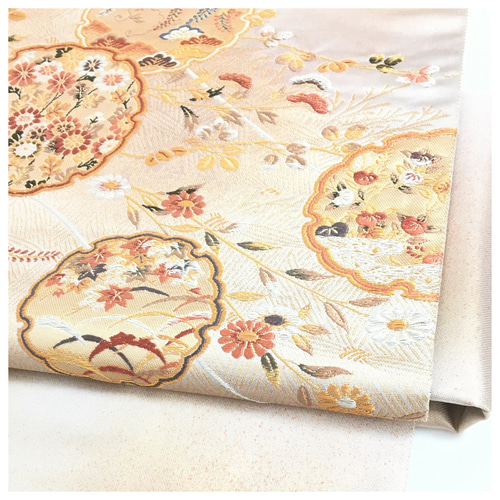 正絹 袋帯 雪輪 花紋 シルバー 薄手 二部式 二重太鼓 作り帯 和装小物