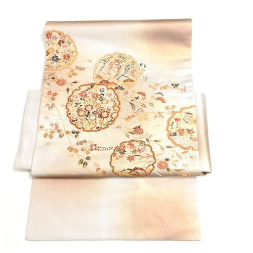 正絹 袋帯 雪輪 花紋 シルバー 薄手 二部式 二重太鼓 作り帯 和装小物