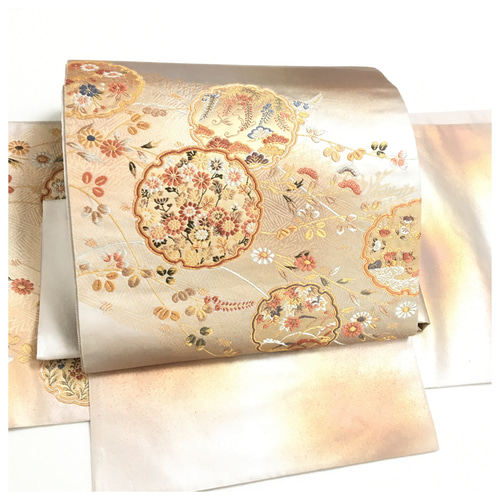 正絹 袋帯 雪輪 花紋 シルバー 薄手 二部式 二重太鼓 作り帯 和装小物