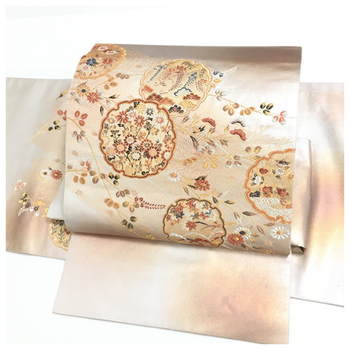 正絹 袋帯 雪輪 花紋 シルバー 薄手 二部式 二重太鼓 作り帯 和装小物