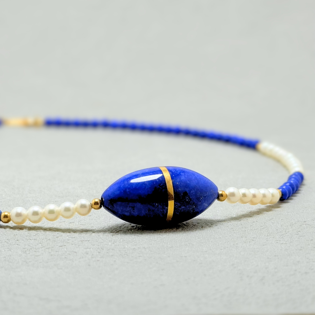 一連 本真珠使用 ラピスラズリ/瑠璃 パール/本真珠 天然石ネックレス - Linea -blue-