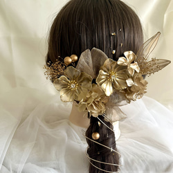 アメリカンフラワー＊ゴールド×シャンパン＊髪飾り 成人式 卒業式 結婚式 前撮り ウエディング 4枚目の画像
