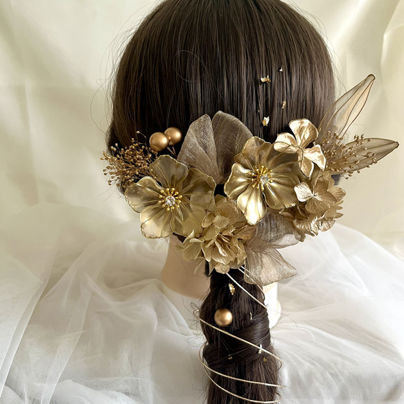 アメリカンフラワー＊ゴールド×シャンパン＊髪飾り 成人式 卒業式 結婚式 前撮り ウエディング 4枚目の画像