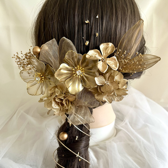 アメリカンフラワー＊ゴールド×シャンパン＊髪飾り 成人式 卒業式 結婚式 前撮り ウエディング 6枚目の画像