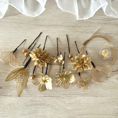 アメリカンフラワー＊ゴールド×シャンパン＊髪飾り 成人式 卒業式 結婚