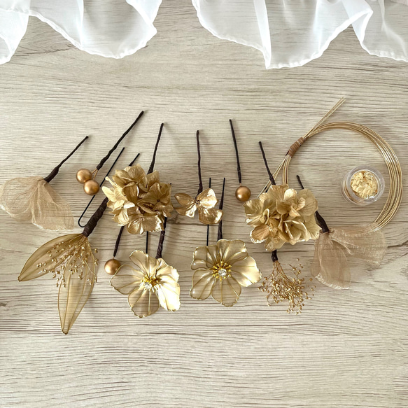 アメリカンフラワー＊ゴールド×シャンパン＊髪飾り 成人式 卒業式 結婚式 前撮り ウエディング 7枚目の画像
