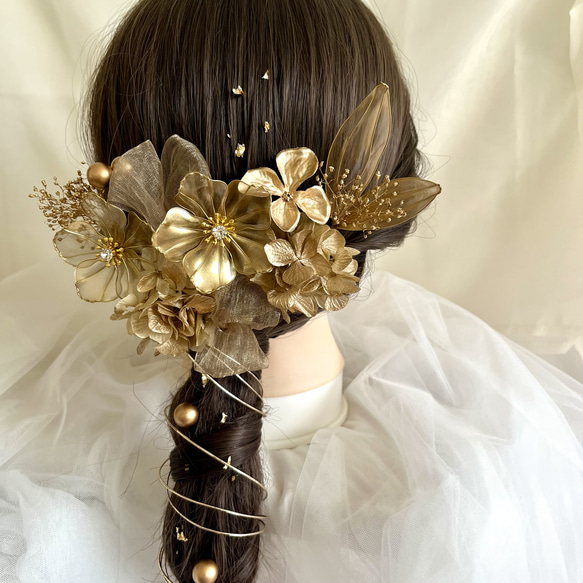アメリカンフラワー＊ゴールド×シャンパン＊髪飾り 成人式 卒業式 結婚式 前撮り ウエディング 5枚目の画像