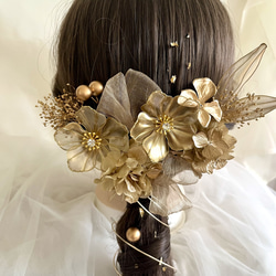 アメリカンフラワー＊ゴールド×シャンパン＊髪飾り 成人式 卒業式 結婚式 前撮り ウエディング 2枚目の画像