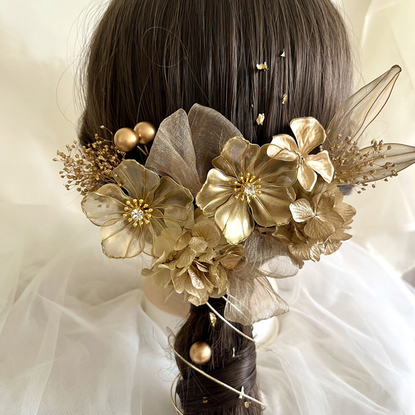 アメリカンフラワー＊ゴールド×シャンパン＊髪飾り 成人式 卒業式 結婚式 前撮り ウエディング 2枚目の画像