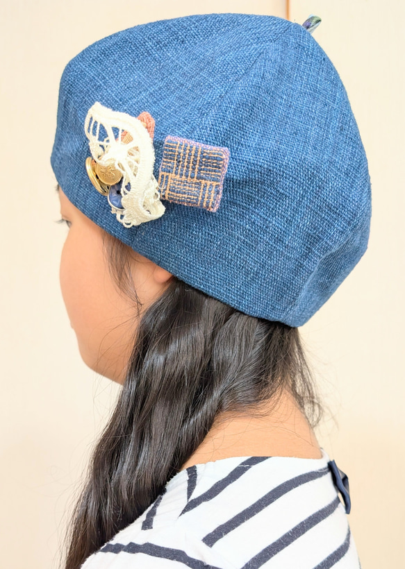 ラオス手織り布 藍染 空 まぁるいベレー帽 シャンティ 秋のお出かけ