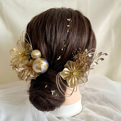アメリカンフラワー＊ゴールド×ホワイト＊髪飾り 成人式 卒業式 結婚式 前撮り ウエディング 2枚目の画像