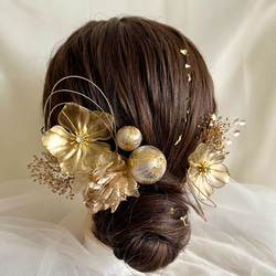 アメリカンフラワー＊ゴールド×ホワイト＊髪飾り 成人式 卒業式 結婚式 前撮り ウエディング 3枚目の画像