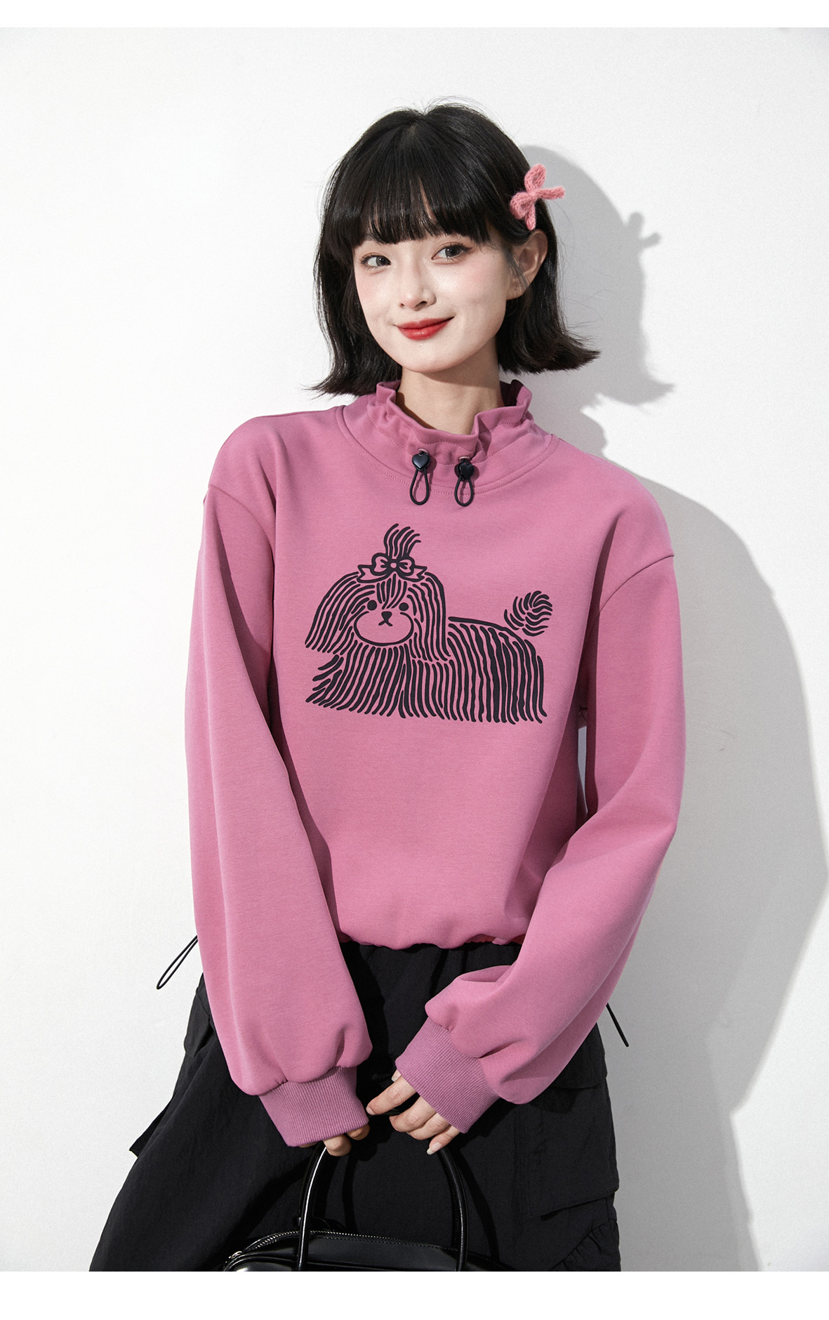 秋冬ローズピンク子犬プリントハーフハイネック長袖トップス