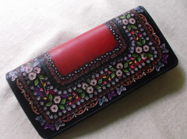 レザークラフト長財布　刻印＆拭き染め　花柄