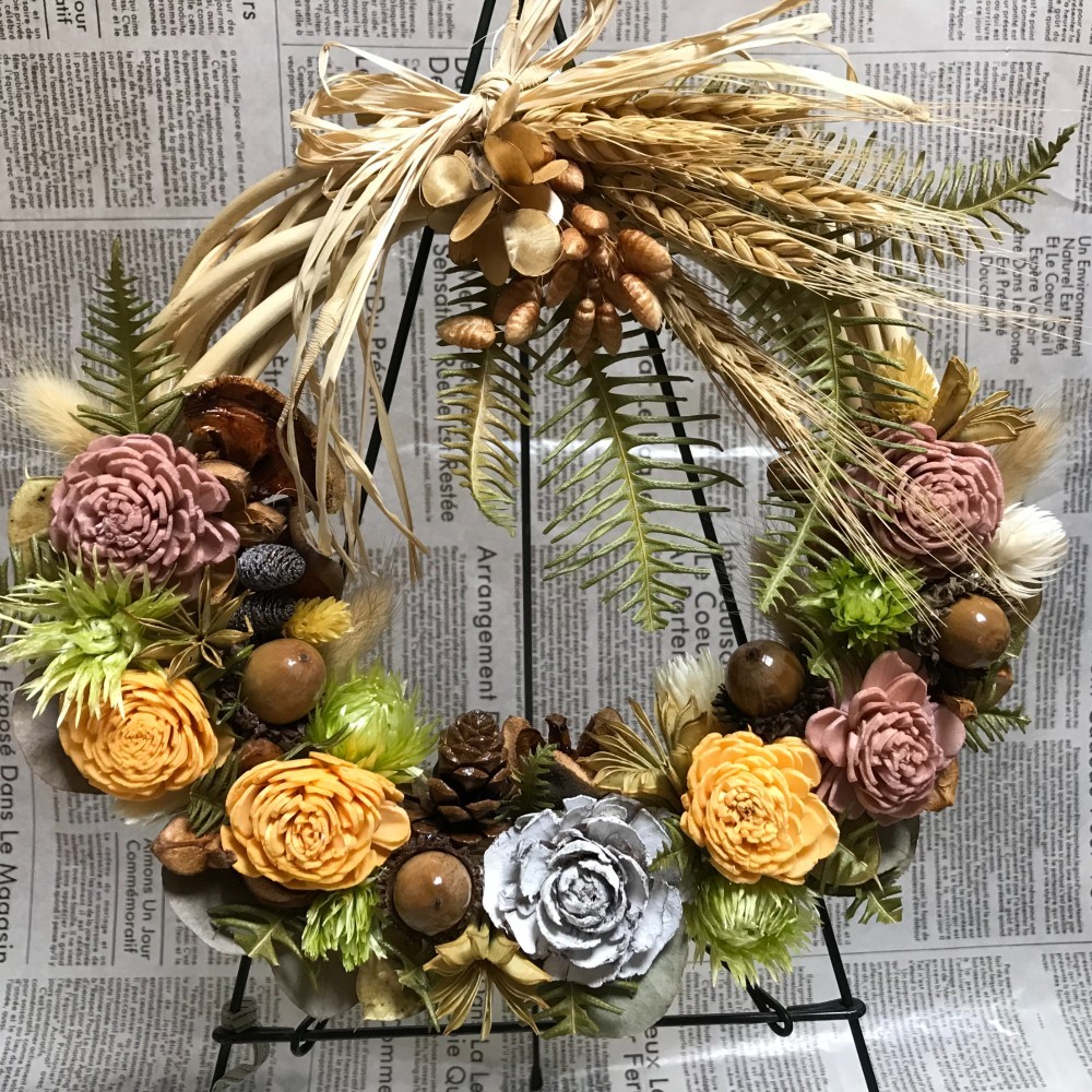 《新作＊特別価格》秋を感じるシダローズとソラローズの収穫祭リース（残すところ1点のみ）