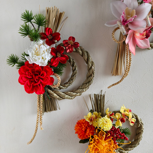 ダリアとハナミズキのしめ縄飾り【輪】 正月飾り Creema限定お正月2026