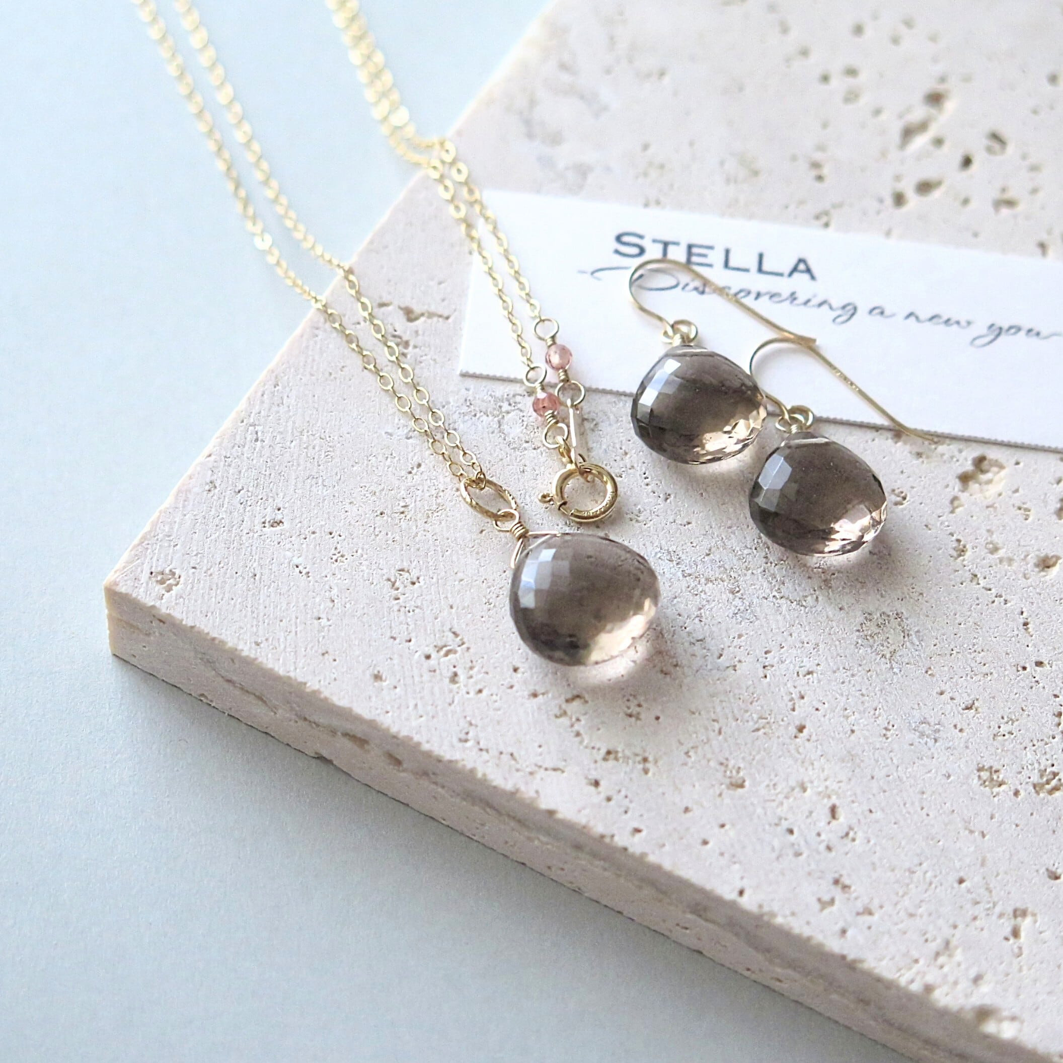 極上カット【スモーキークォーツ】マロンシェイプ一粒ピアス＆ネックレス2点セット